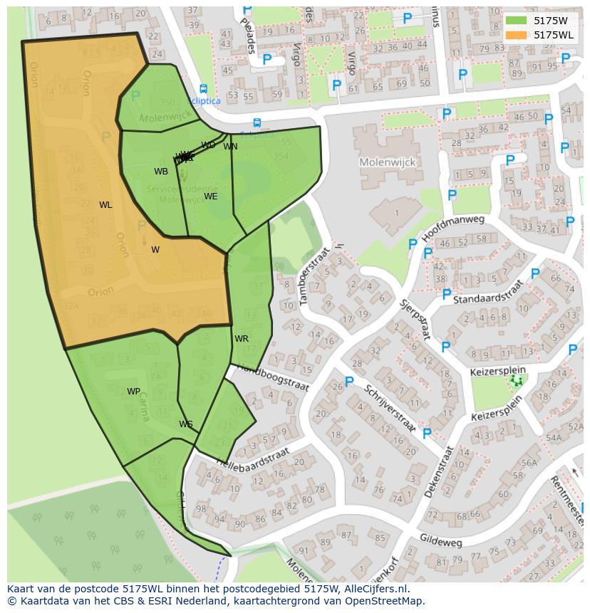 Afbeelding van het postcodegebied 5175 WL op de kaart.
