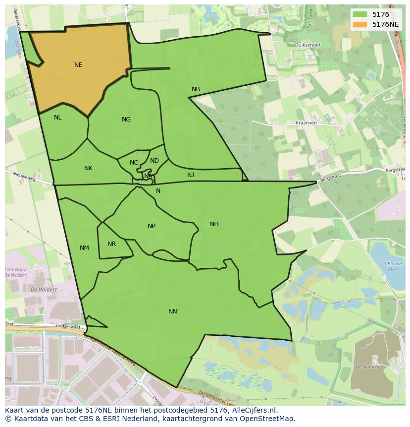 Afbeelding van het postcodegebied 5176 NE op de kaart.