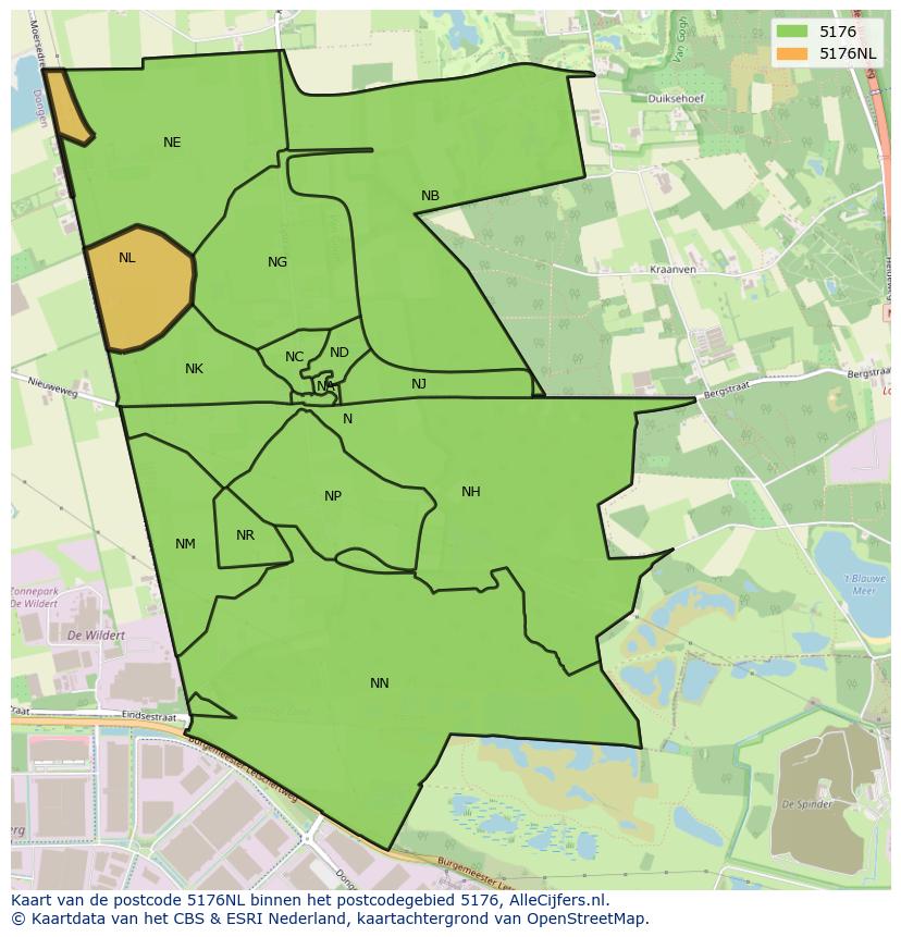 Afbeelding van het postcodegebied 5176 NL op de kaart.