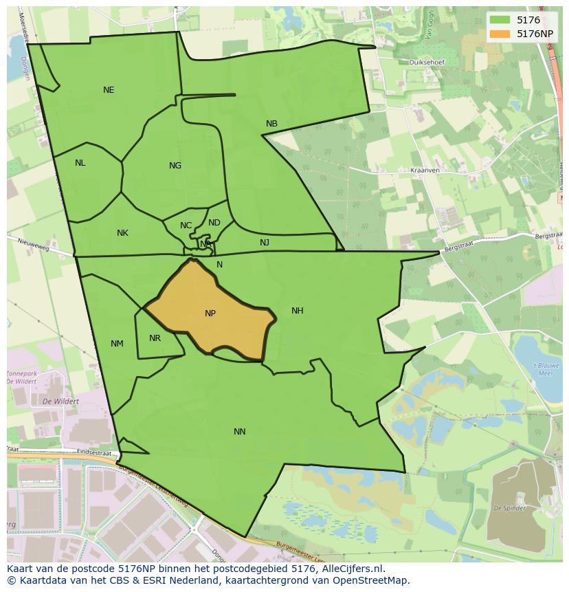 Afbeelding van het postcodegebied 5176 NP op de kaart.