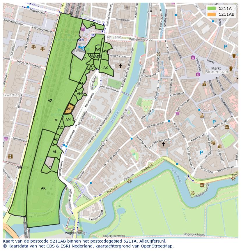 Afbeelding van het postcodegebied 5211 AB op de kaart.