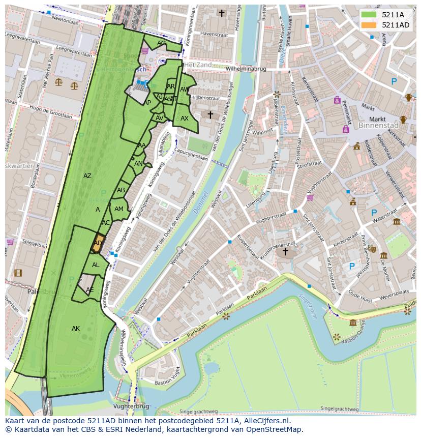 Afbeelding van het postcodegebied 5211 AD op de kaart.