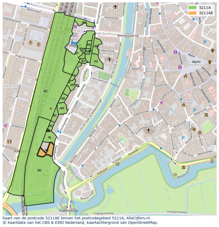 Afbeelding van het postcodegebied 5211 AE op de kaart.
