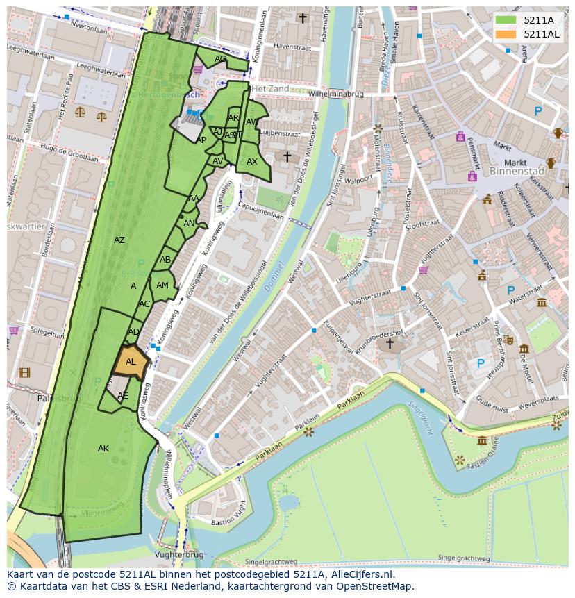 Afbeelding van het postcodegebied 5211 AL op de kaart.