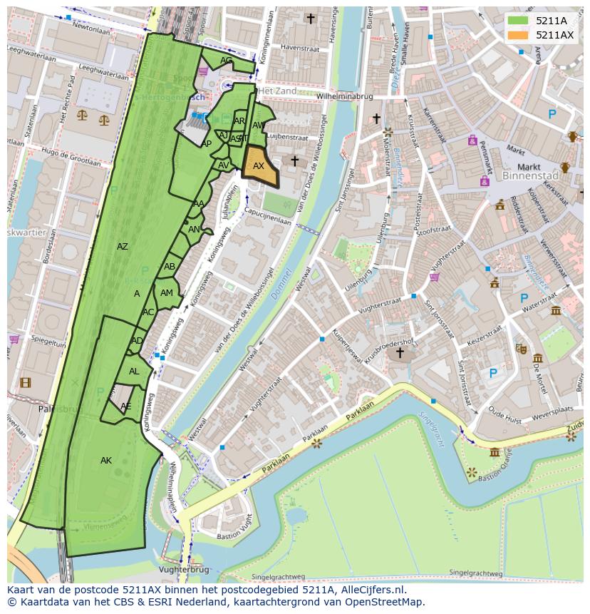 Afbeelding van het postcodegebied 5211 AX op de kaart.