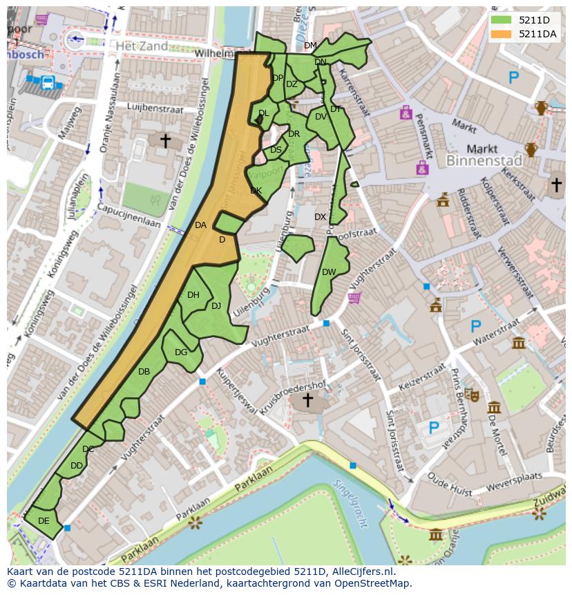Afbeelding van het postcodegebied 5211 DA op de kaart.