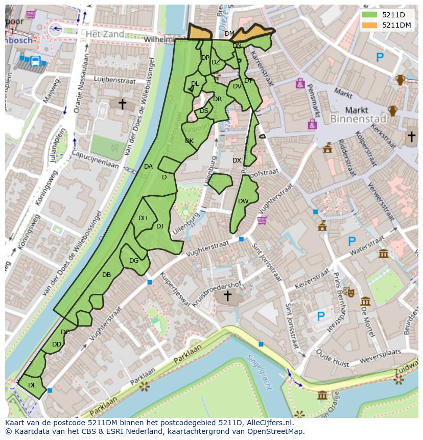 Afbeelding van het postcodegebied 5211 DM op de kaart.