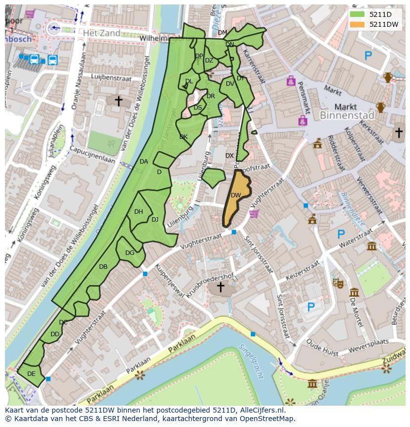 Afbeelding van het postcodegebied 5211 DW op de kaart.