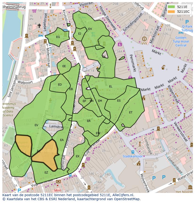 Afbeelding van het postcodegebied 5211 EC op de kaart.