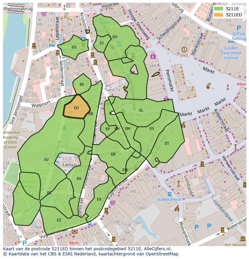 Afbeelding van het postcodegebied 5211 ED op de kaart.