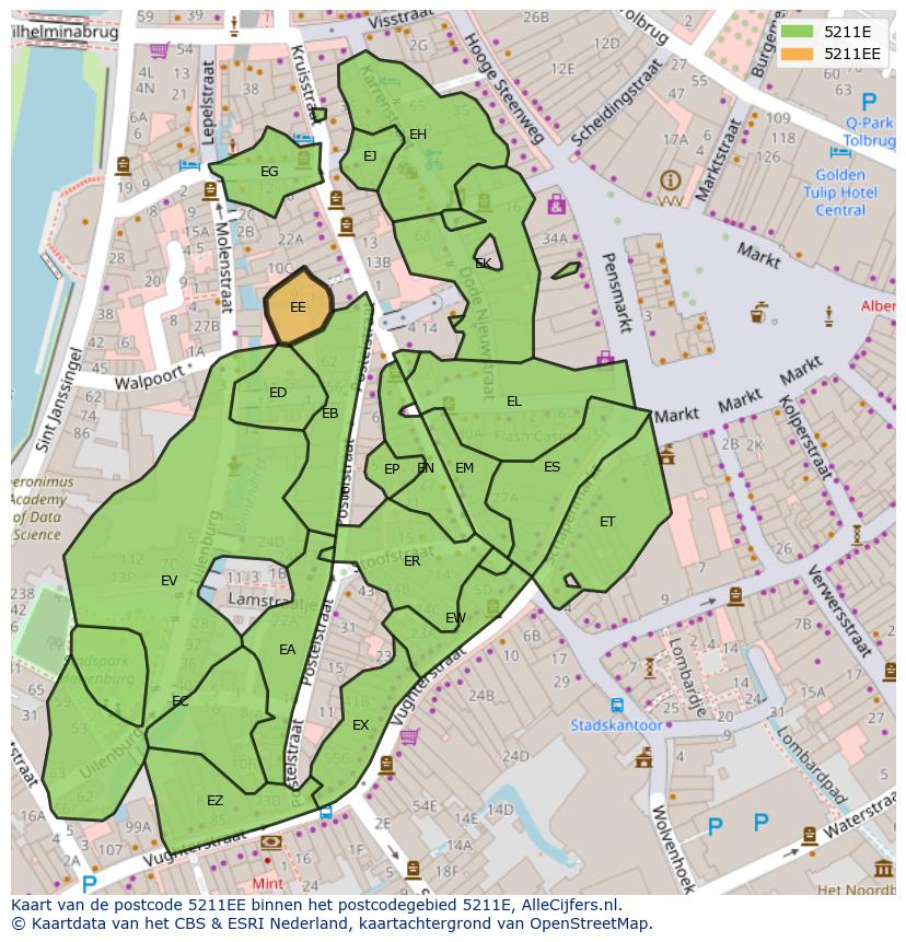 Afbeelding van het postcodegebied 5211 EE op de kaart.