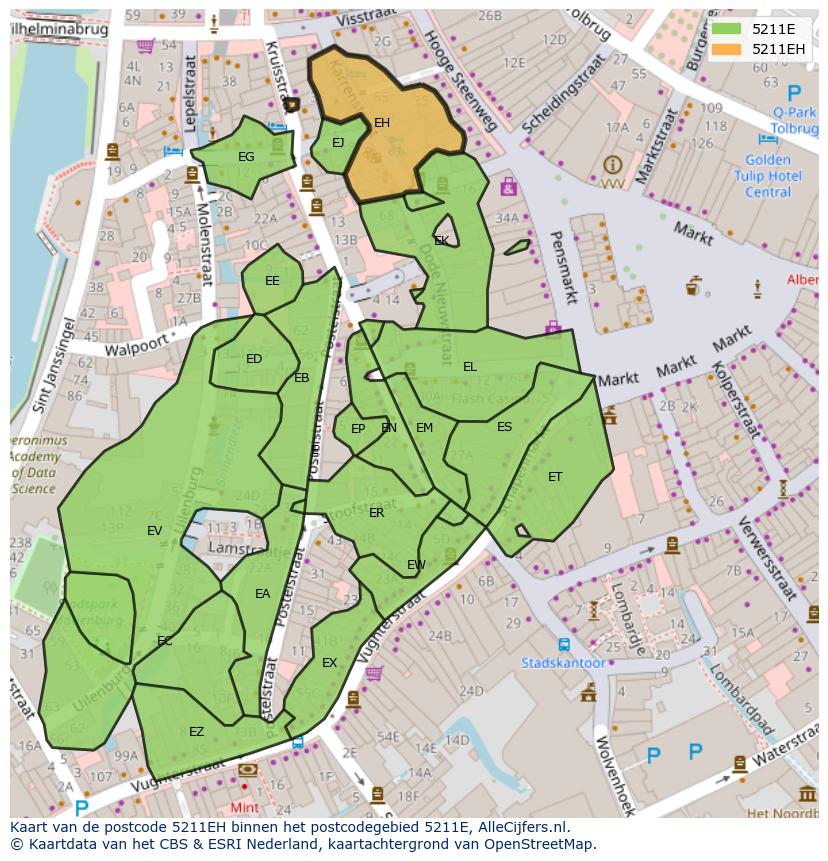 Afbeelding van het postcodegebied 5211 EH op de kaart.