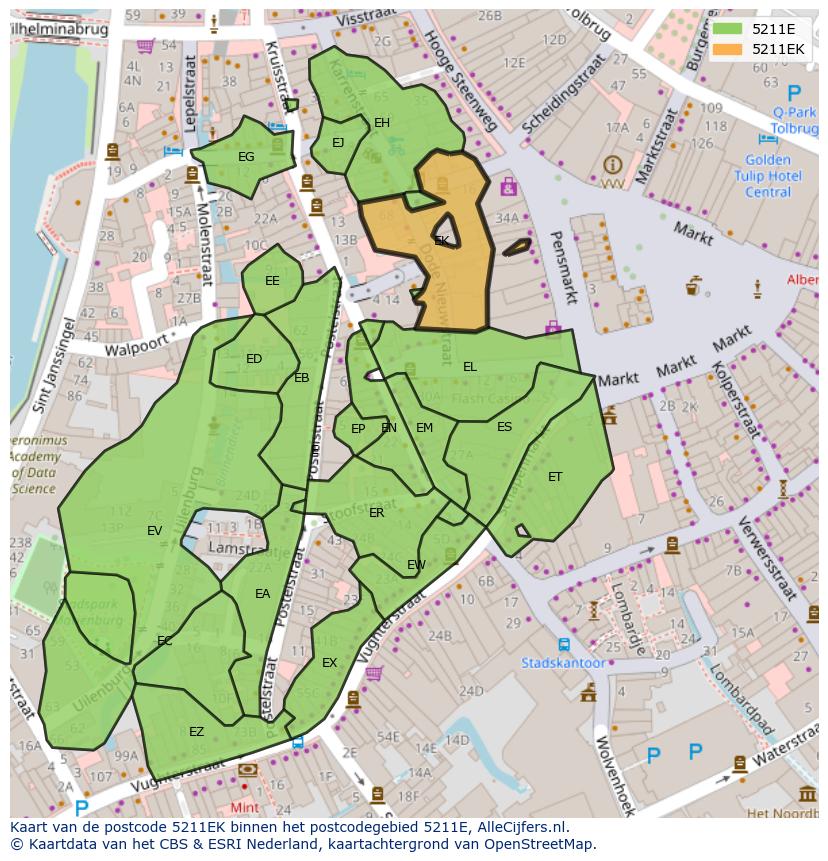 Afbeelding van het postcodegebied 5211 EK op de kaart.