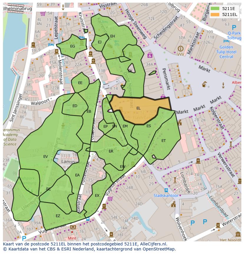 Afbeelding van het postcodegebied 5211 EL op de kaart.