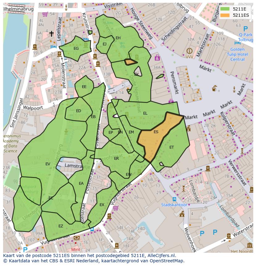 Afbeelding van het postcodegebied 5211 ES op de kaart.