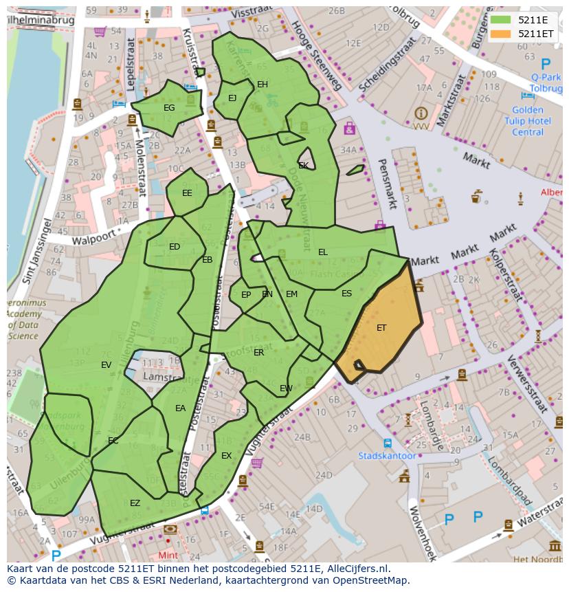 Afbeelding van het postcodegebied 5211 ET op de kaart.