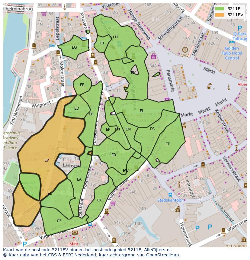 Afbeelding van het postcodegebied 5211 EV op de kaart.