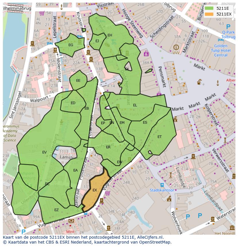 Afbeelding van het postcodegebied 5211 EX op de kaart.