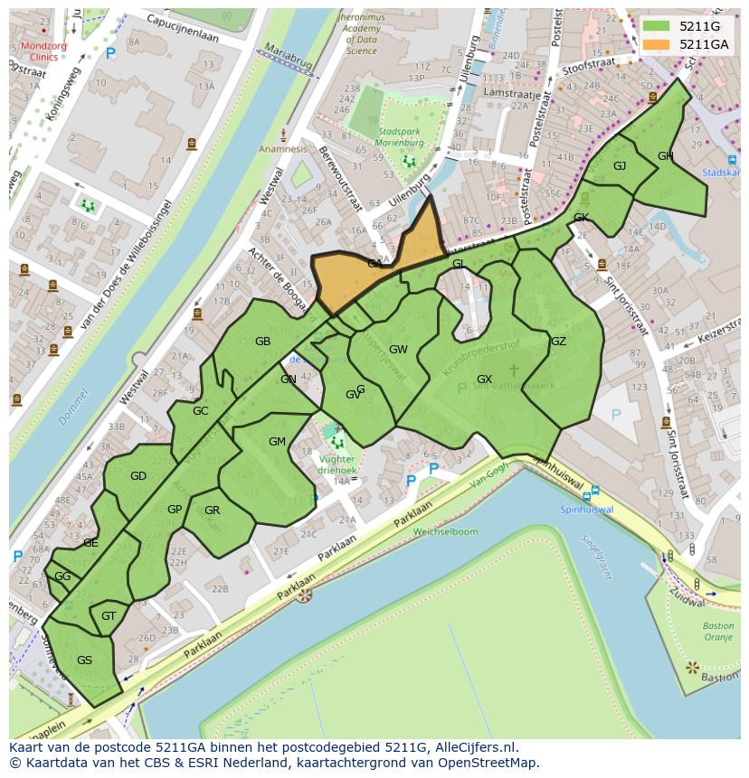Afbeelding van het postcodegebied 5211 GA op de kaart.