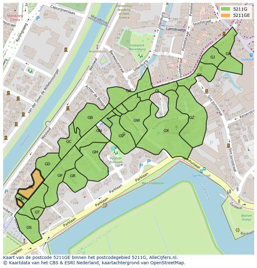 Afbeelding van het postcodegebied 5211 GE op de kaart.