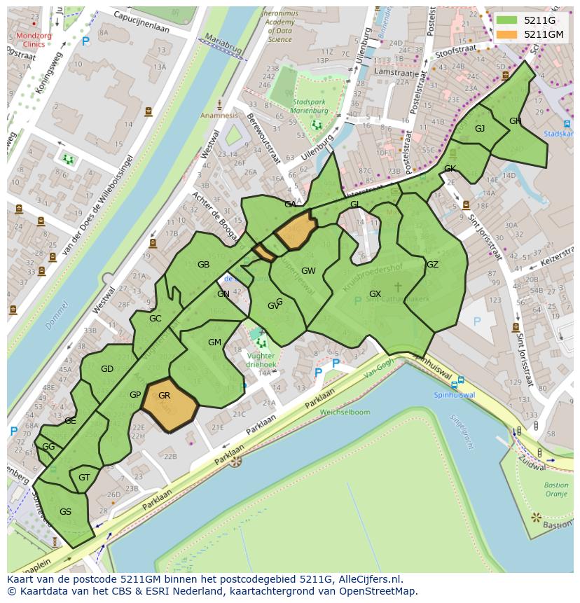 Afbeelding van het postcodegebied 5211 GM op de kaart.