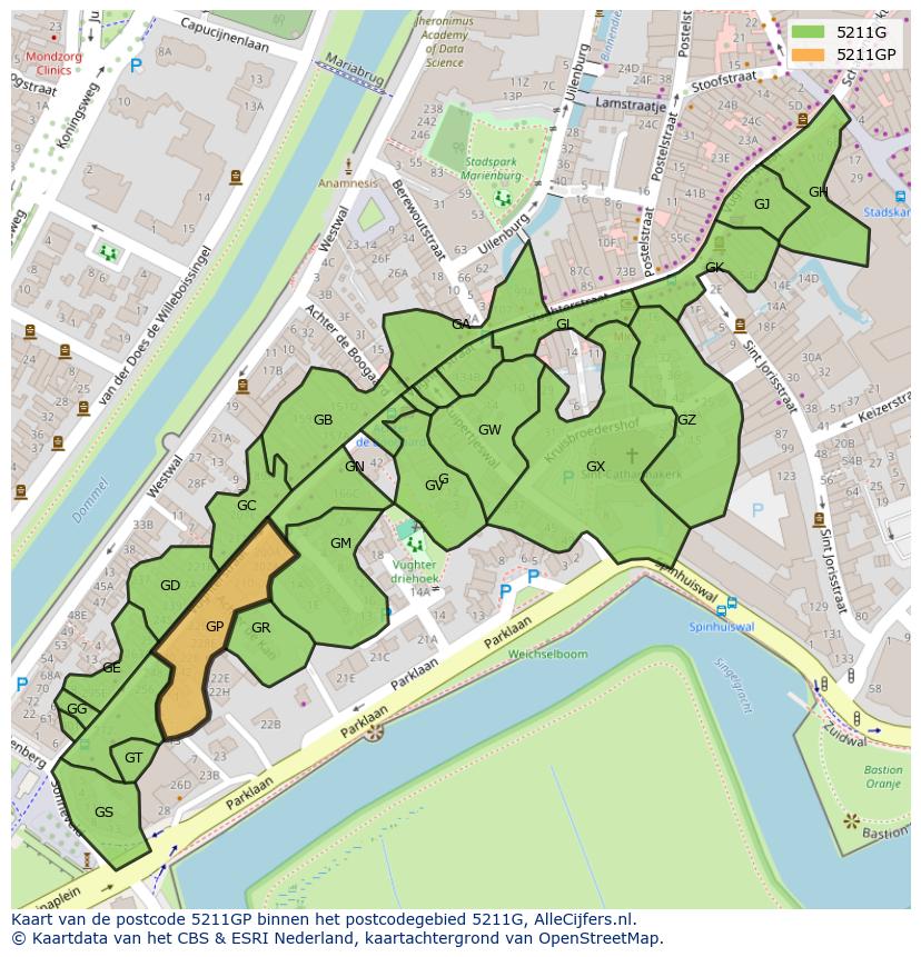 Afbeelding van het postcodegebied 5211 GP op de kaart.