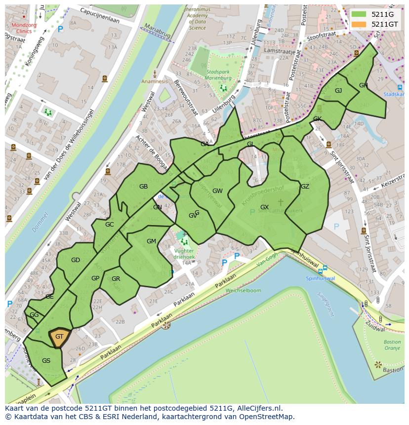 Afbeelding van het postcodegebied 5211 GT op de kaart.