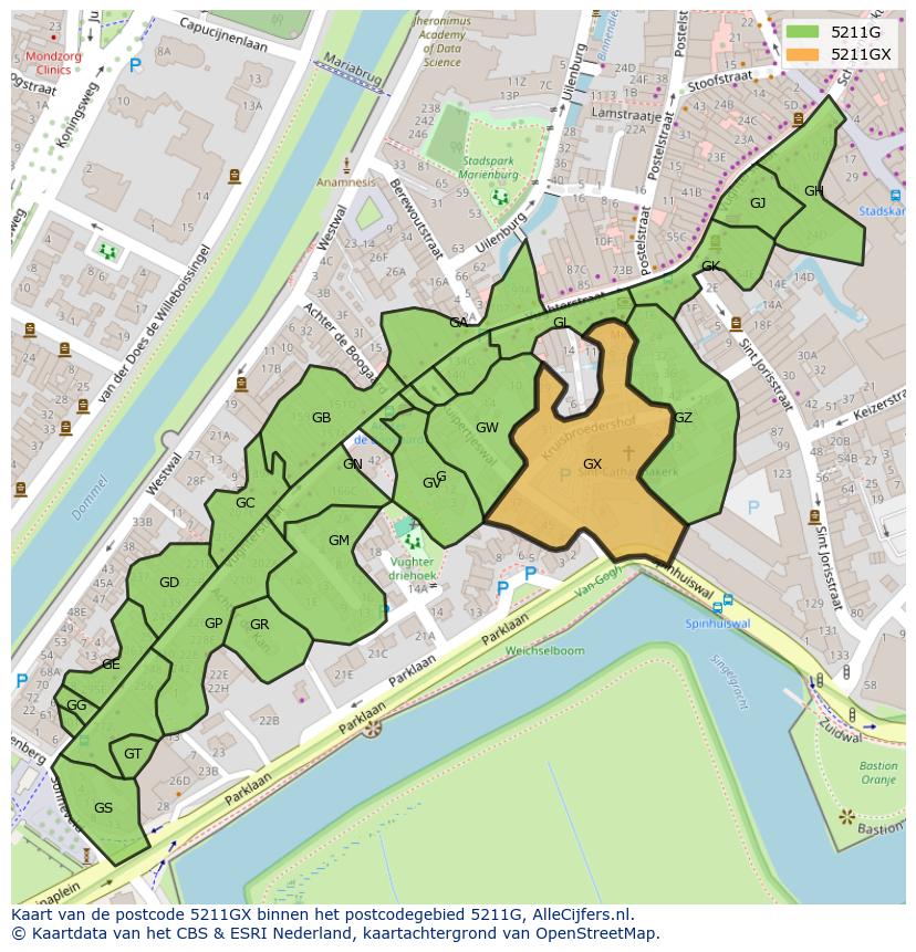 Afbeelding van het postcodegebied 5211 GX op de kaart.
