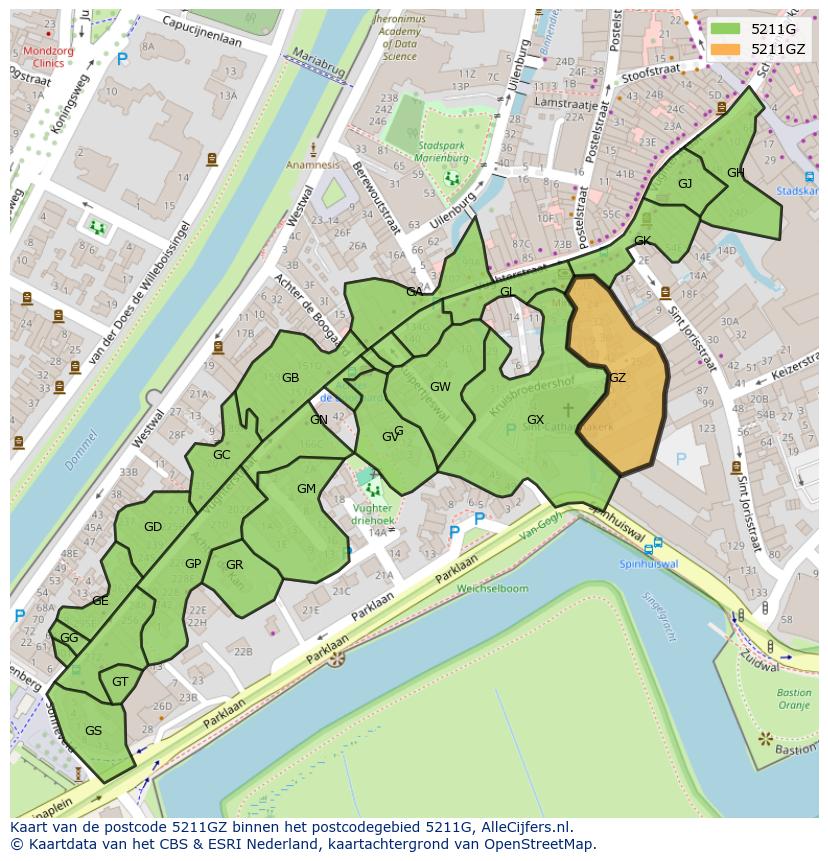 Afbeelding van het postcodegebied 5211 GZ op de kaart.