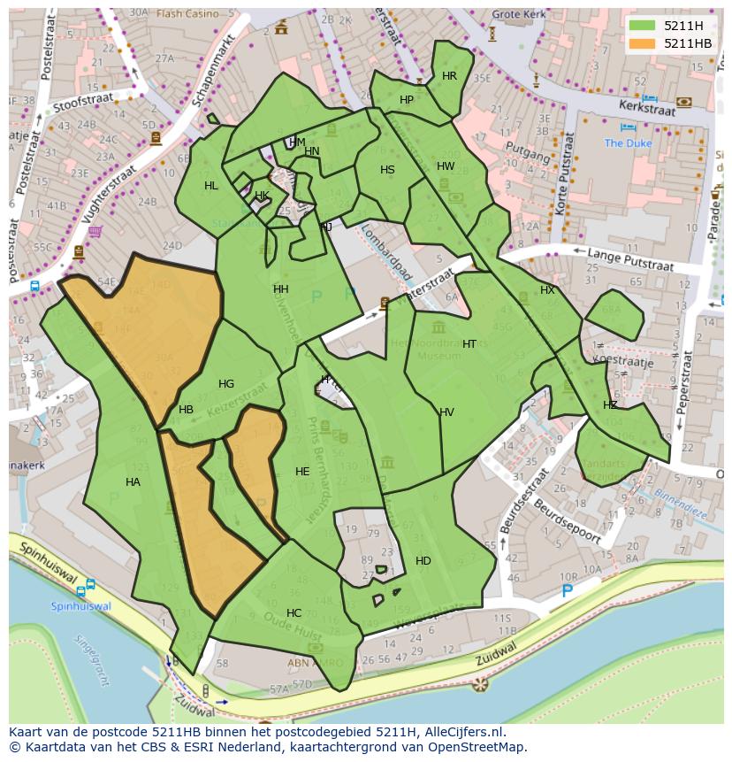 Afbeelding van het postcodegebied 5211 HB op de kaart.