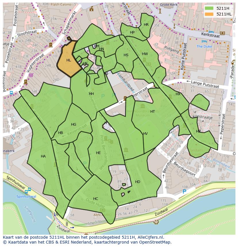 Afbeelding van het postcodegebied 5211 HL op de kaart.