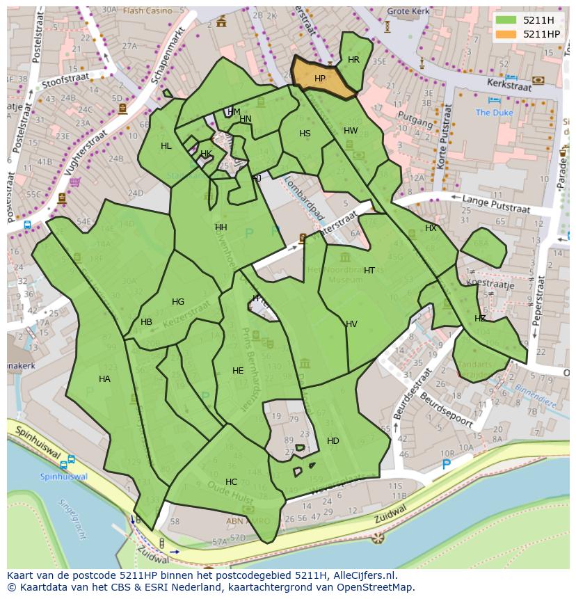Afbeelding van het postcodegebied 5211 HP op de kaart.