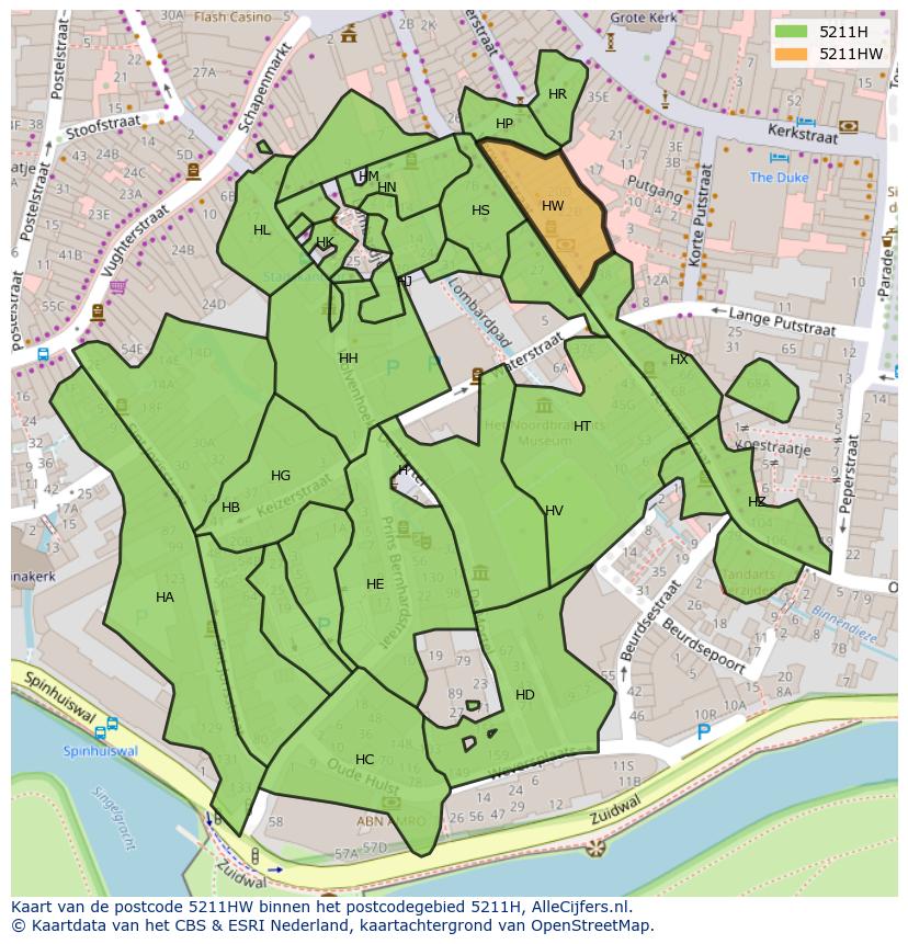 Afbeelding van het postcodegebied 5211 HW op de kaart.