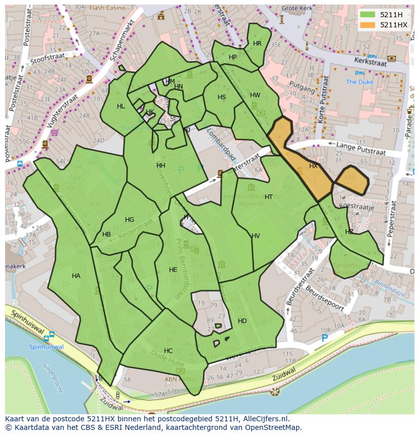 Afbeelding van het postcodegebied 5211 HX op de kaart.