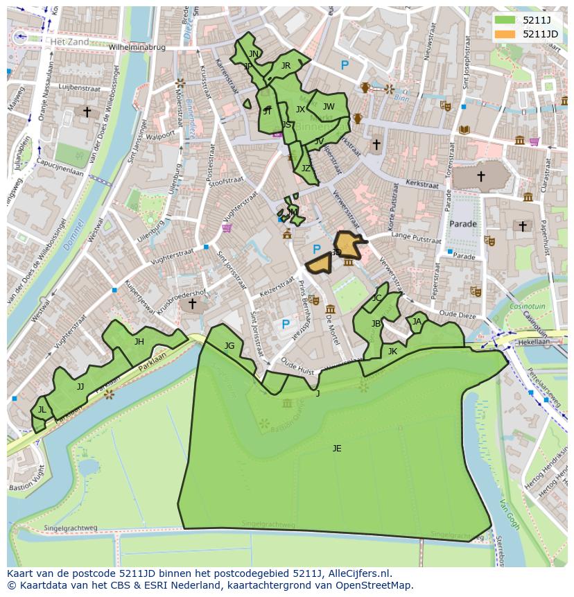 Afbeelding van het postcodegebied 5211 JD op de kaart.