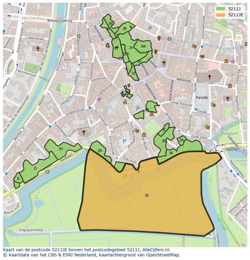Afbeelding van het postcodegebied 5211 JE op de kaart.