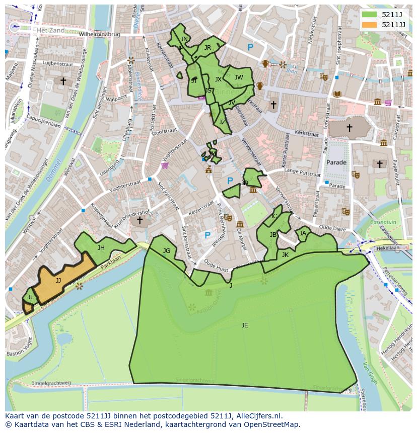 Afbeelding van het postcodegebied 5211 JJ op de kaart.