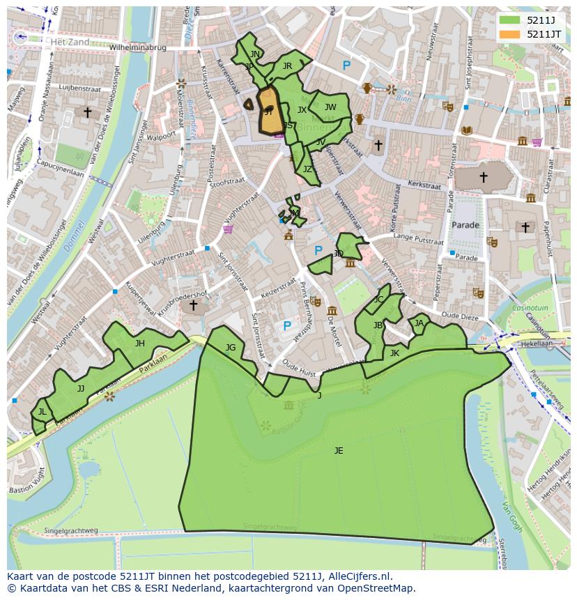 Afbeelding van het postcodegebied 5211 JT op de kaart.