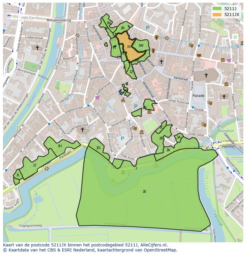 Afbeelding van het postcodegebied 5211 JX op de kaart.