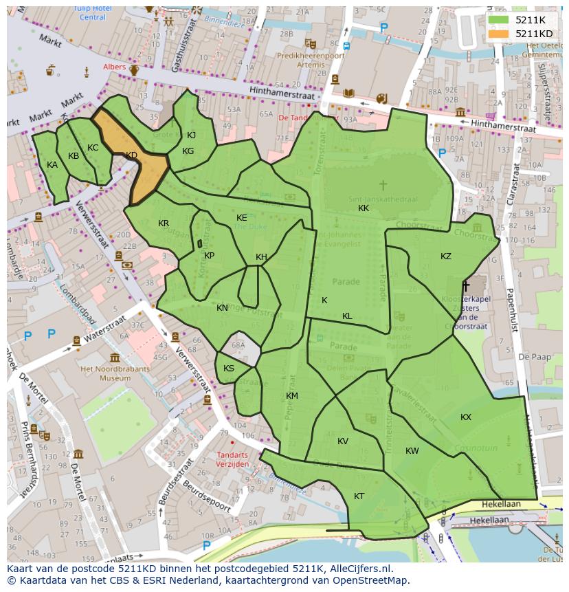 Afbeelding van het postcodegebied 5211 KD op de kaart.
