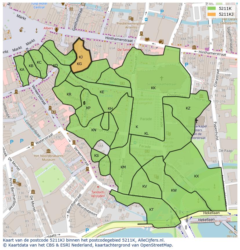 Afbeelding van het postcodegebied 5211 KJ op de kaart.