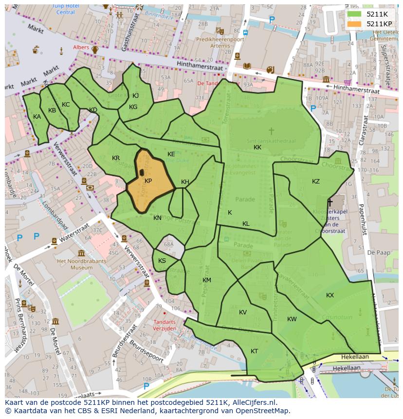 Afbeelding van het postcodegebied 5211 KP op de kaart.