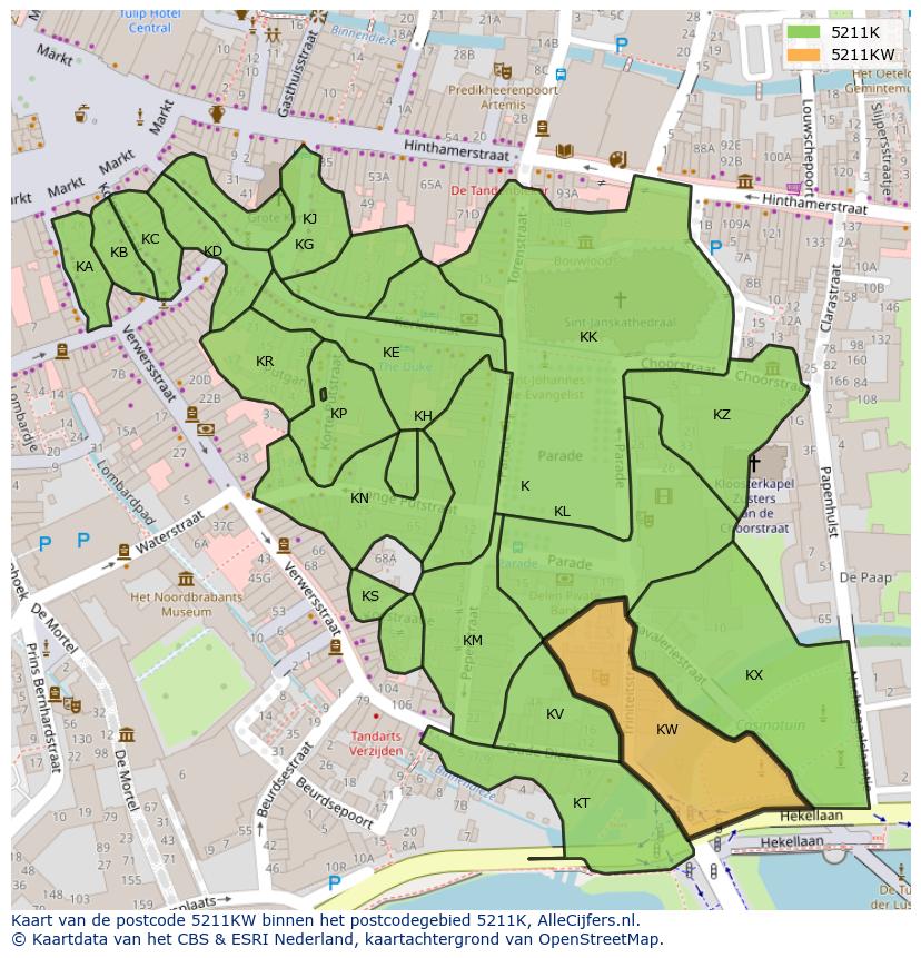 Afbeelding van het postcodegebied 5211 KW op de kaart.