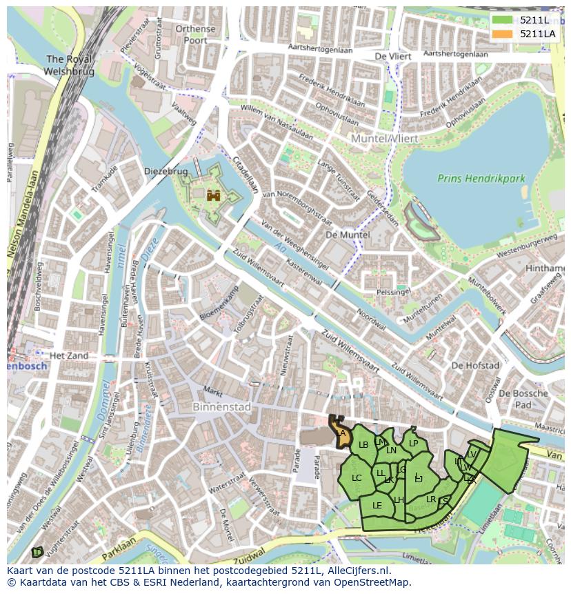 Afbeelding van het postcodegebied 5211 LA op de kaart.