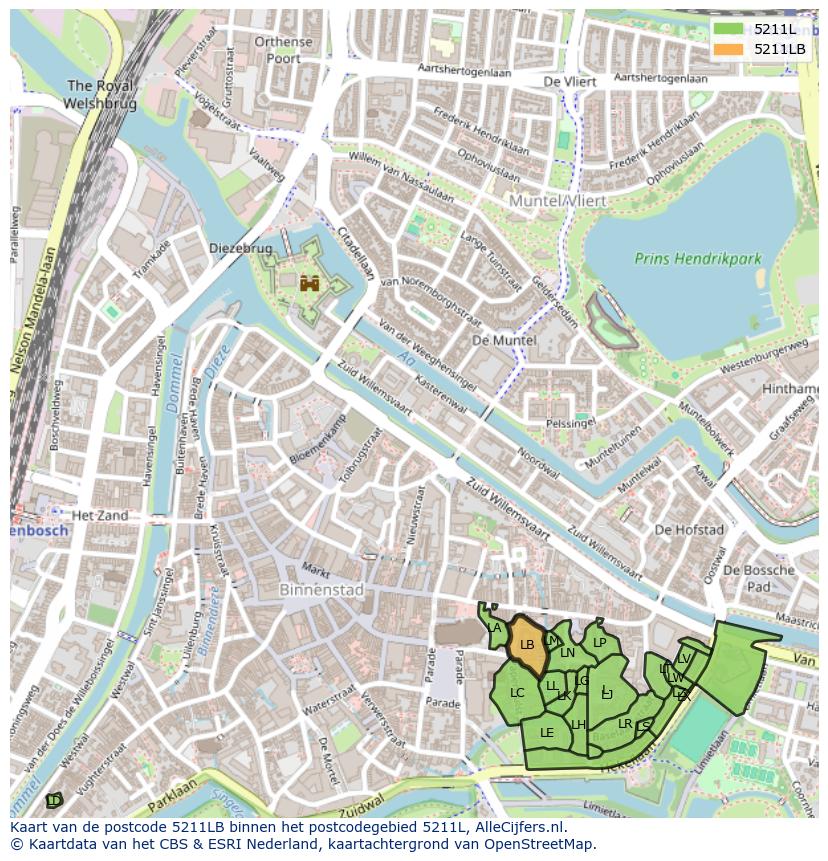 Afbeelding van het postcodegebied 5211 LB op de kaart.