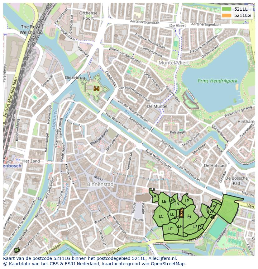 Afbeelding van het postcodegebied 5211 LG op de kaart.