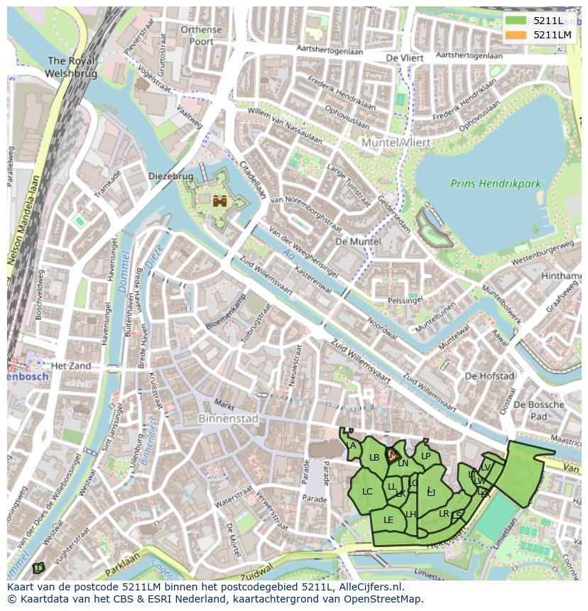 Afbeelding van het postcodegebied 5211 LM op de kaart.