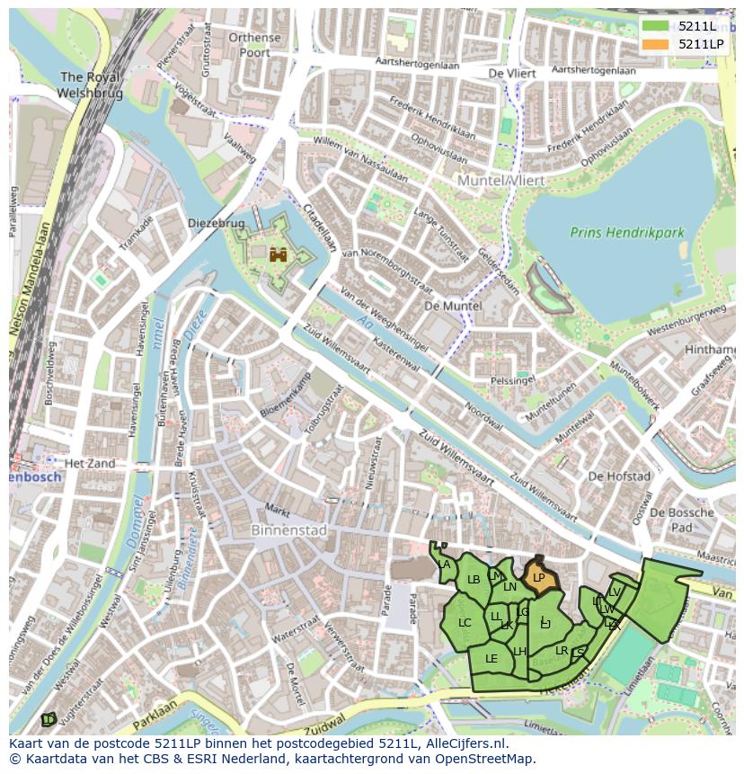 Afbeelding van het postcodegebied 5211 LP op de kaart.