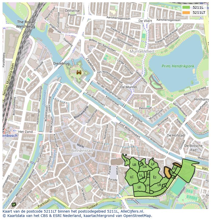 Afbeelding van het postcodegebied 5211 LT op de kaart.