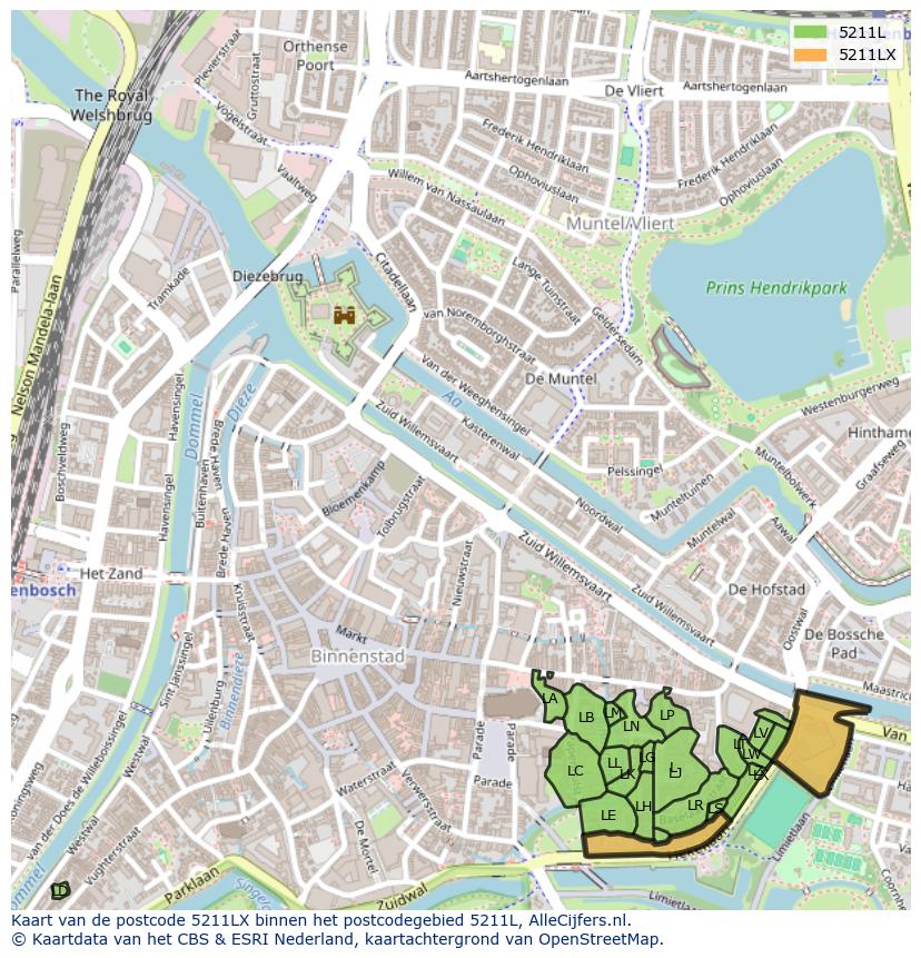 Afbeelding van het postcodegebied 5211 LX op de kaart.